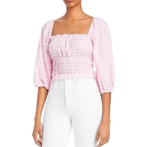 Charlie Holiday Womens Pink Checkered Peasant Crop Top Shirt Size Small - Picture 1 of 8